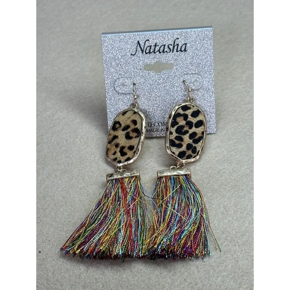Leopard Print Rainbow Tassel Fringe Dangle Earrings Boho Statement NWT New Gift